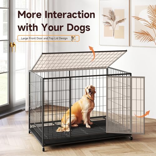 48 Inch Heavy Duty Indestructible Dog Crate Steel Escape Proof, Indoor Double Door High Anxiety Cage, Kennel with Wheels, Removable Tray, Extra Large XL XXL