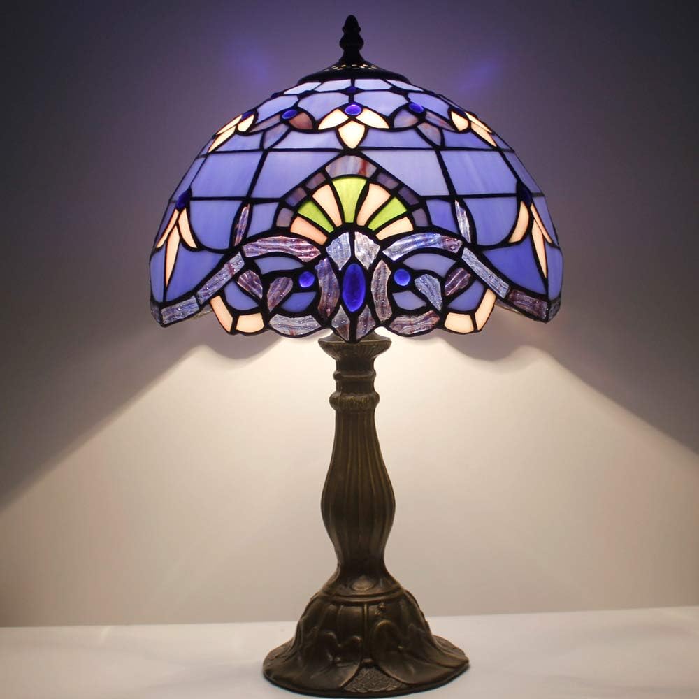 WERFACTORY Tiffany Lamp Stained Glass Table Lamp 12X12X18 Inches Blue Purple Baroque Style Lavender Bedside Reading Desk Light Decor Bedroom Living Room Home Office S003C Series