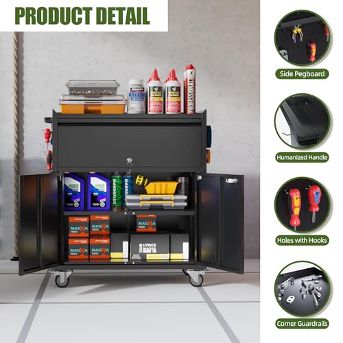 73" H Metal Storage Cabinet with Wheels, Garage Storage Cabinet with 4 Adjustable Shelves and Lockable Doors for Garage Home Office Utility Room,Required Assembly,Black