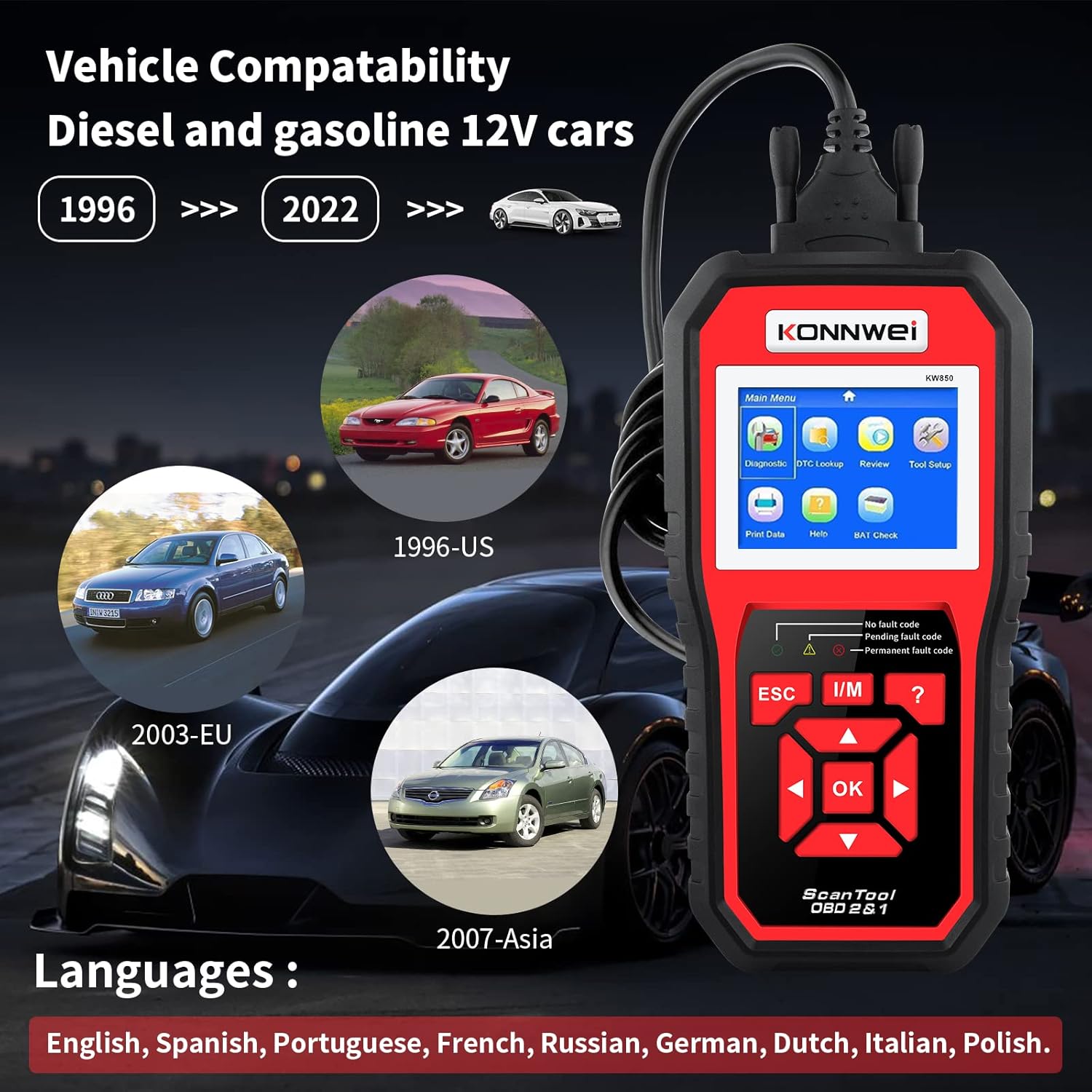 KONNWEI KW850 OBD II Scanner Check Engine Code Reader CAN Diagnostic Scan Tool with O2 Sensor Test Freeze Frame I/M Readiness Print Data EVAP System Battery Test for All OBD2 Cars (Updated Version) Pack of 2