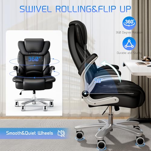 Big and Tall Office Chair 400lb Wide Seat, High Back Leather Executive Office Chair with Flip-up Arms, Ergonomic Computer Desk Chairs for Home Office, Brown