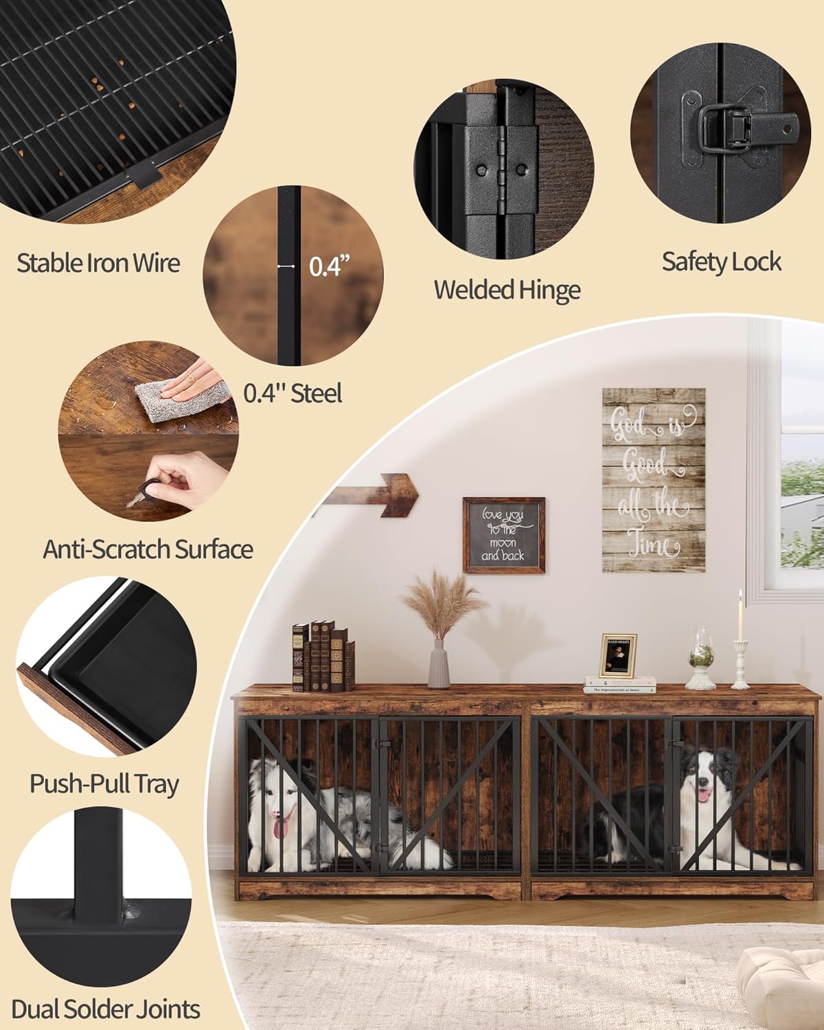 76.4" Dog Crate Furniture with Divider for 2 Dogs, Large Dog Kennel Indoor with Adjustable Door, Tray, Wood Dog Crate End Side Table for Small Medium Large Dog, Anti-Chew Anti-Escape, Brown