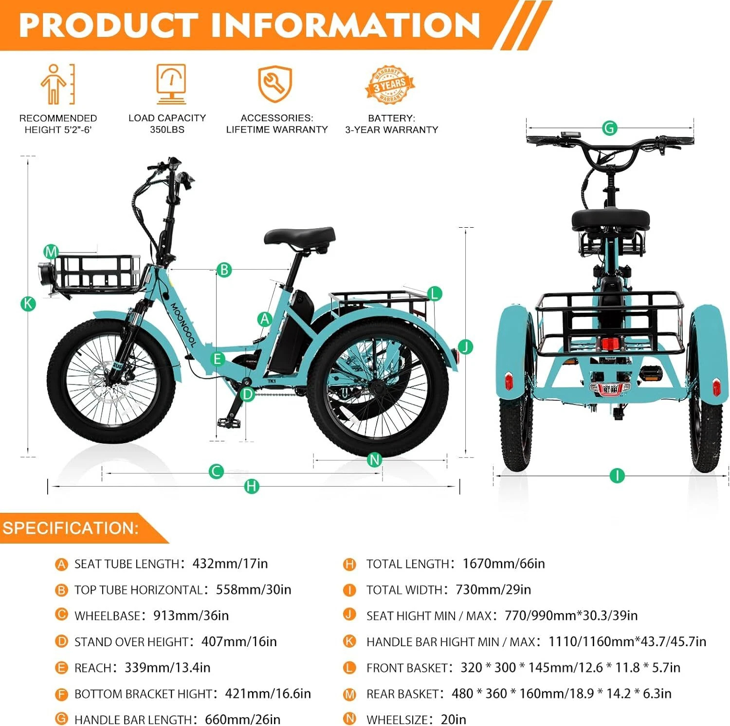MOONCOOL 20 x4in Fat Tire Electric Tricycle Trike 500W E-bike&Battery for Adults
