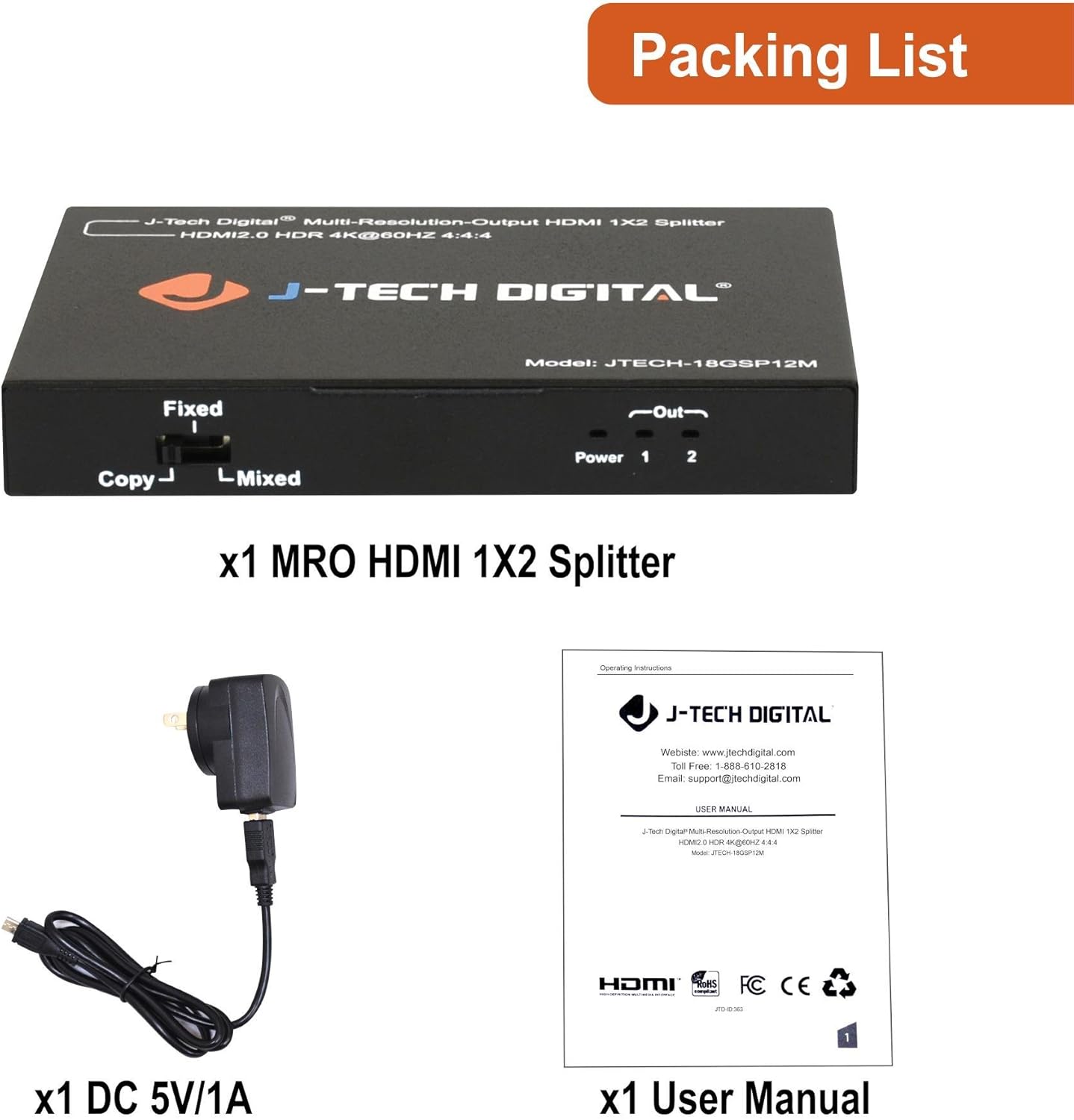 J-Tech Digital Scaler/Multi-Resolution Output (MRO) 18GBps 1x8 HDMI 2.0 Splitter HDR10/Dolby Vision 4K@60Hz 4:4:4 [JTECH-18GSP18M]