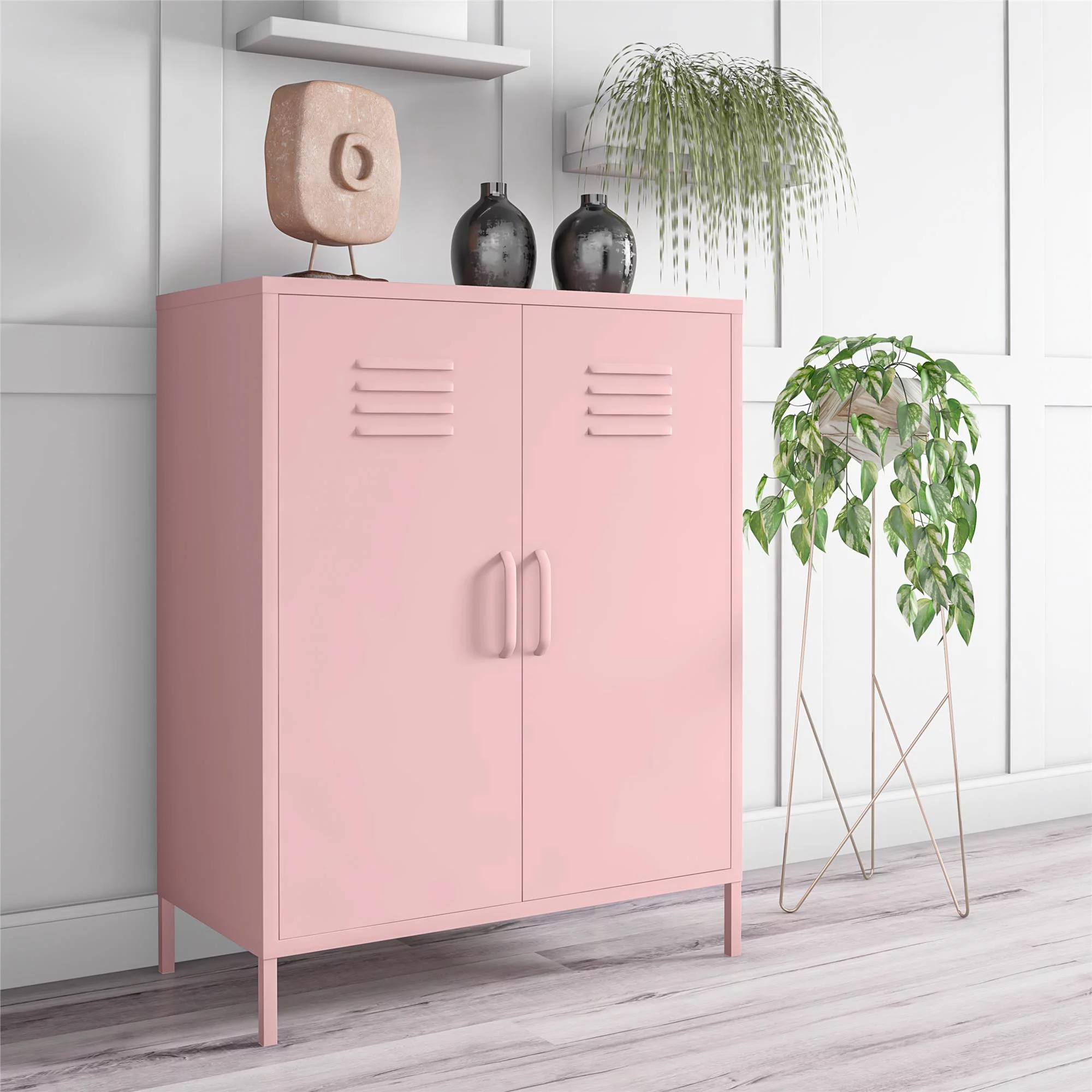 Novogratz Cache 2 Door Metal Locker Style Storage Accent Cabinet, Bashful Pink