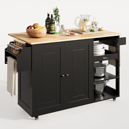 Gizoon Rolling Kitchen Island with Drop Leaf, 60.6" Width Wood Countertop, Kitchen Carts on Wheels with Large Storage Cabinet, Adjustable Shelf, Spice Towel Rack, Removable Tray, White