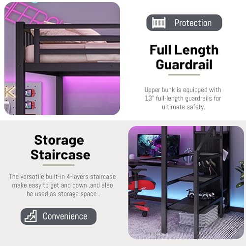 Full Size Loft Bed with Desk and Stairs,Metal Gaming Loft Bed Full with Wardrobe and Shelf, High Loft Bed with LED & USB Charging Station for Teens, Adults, Space Saving Design,Black