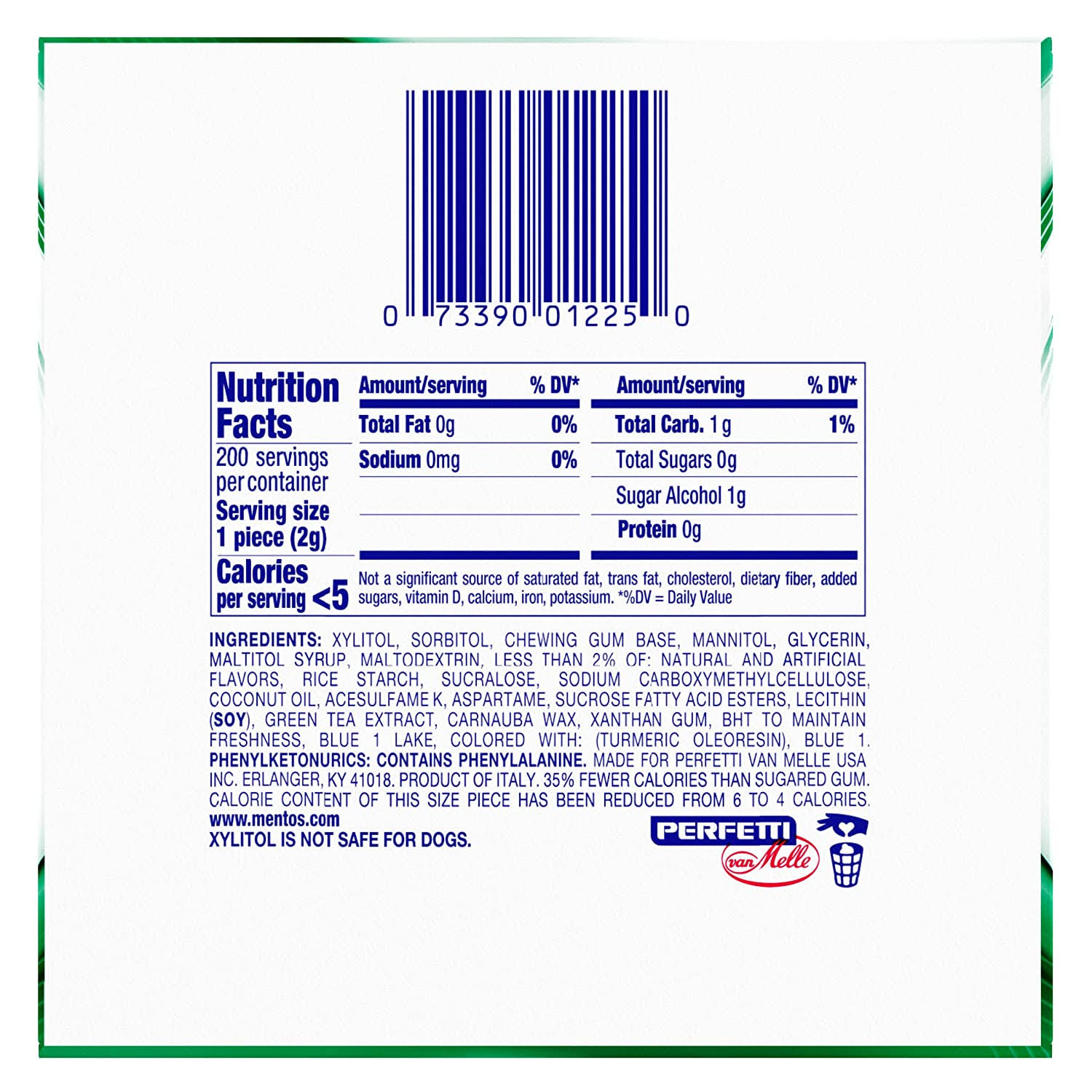 Perfetti Van Melle Mentos Pure Fresh Spearmint Gum - 24 per CASE.