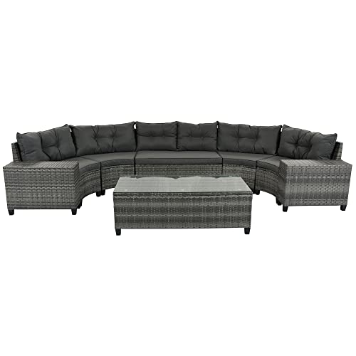 P PURLOVE 8 Piece Half Moon Sectional Round Patio Furniture Set, Outdoor Sectional Sofa Couch, Wicker Sofa Set with Washable Cushions and Glass Rectangular Coffee Table, for Garden, Backyard, Beige