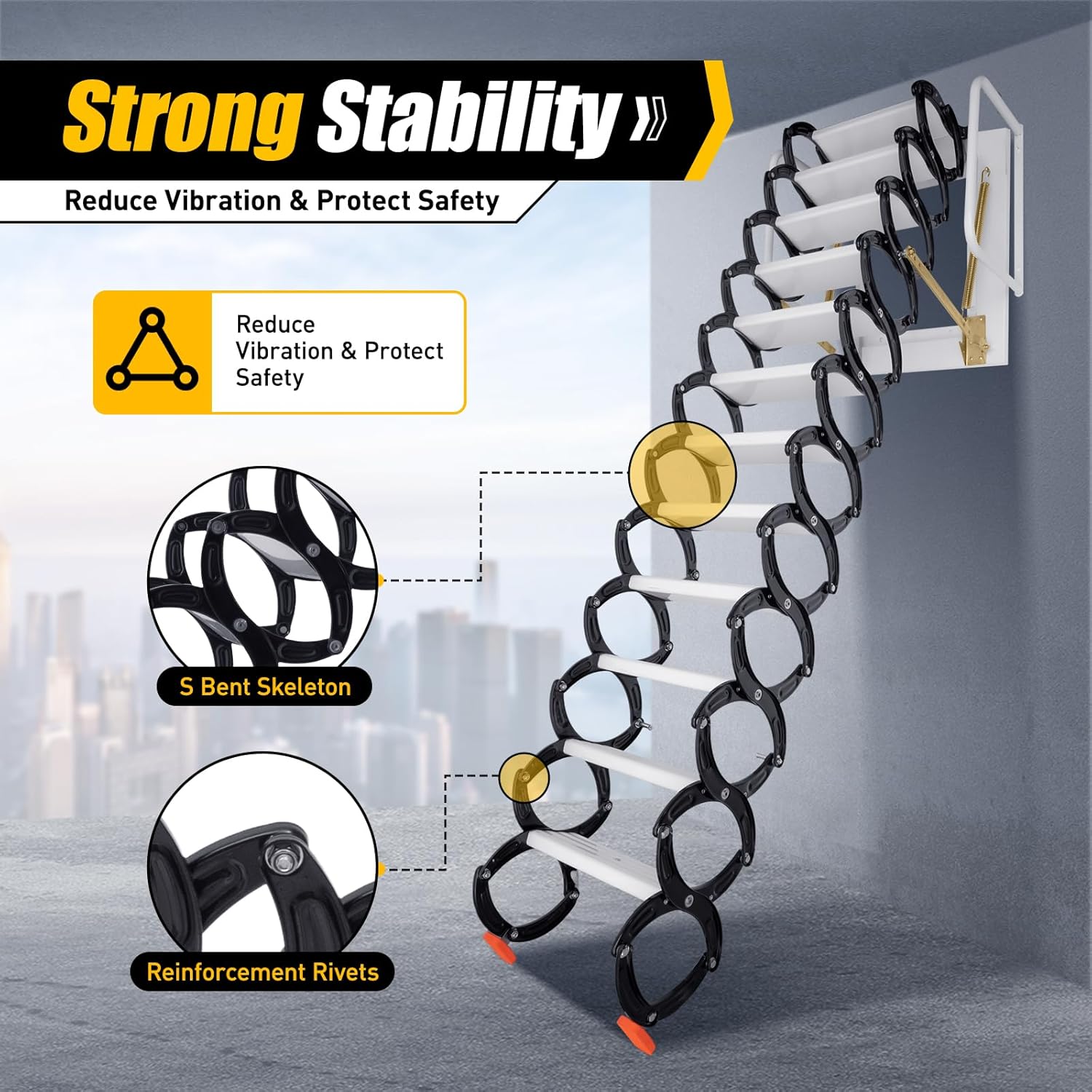 Wall Mounted Folding Ladder, 9.5ft 12steps Attic Loft Ladder Stair Attic Pull down Stair for Cottage Basement Retractable Attic Ladder with Armrests, 882 lbs Load-bearing(Black+White)