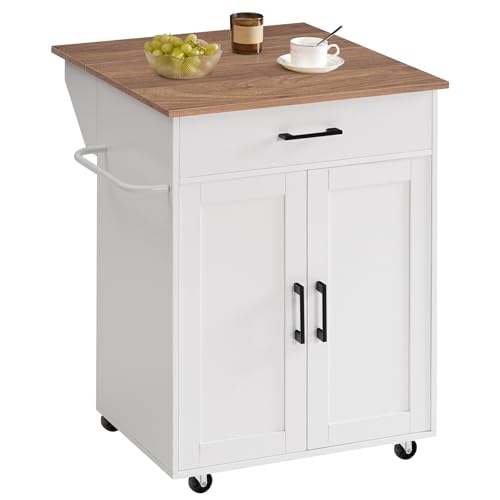 Kitchen Island on Wheels with Drop Leaf, Folding Countertop Kitchen Island Cart, Kitchen Island Table with Towel Rack, Drawer, for Kitchen, Dining Room, White and Natural KINW12501