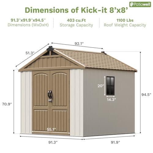 Patiowell 8 x 12 FT Plastic Outdoor Storage Shed with Floor, Resin Shed with Window and Lockable Door for Garden, Backyard, Tool Storage Use, Easy to Install in Beige (Kick-it Shed)