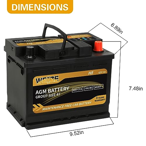 Weize Platinum AGM Battery BCI Group 24F Automotive Battery, 120RC, 710CCA, 36 Months Warranty