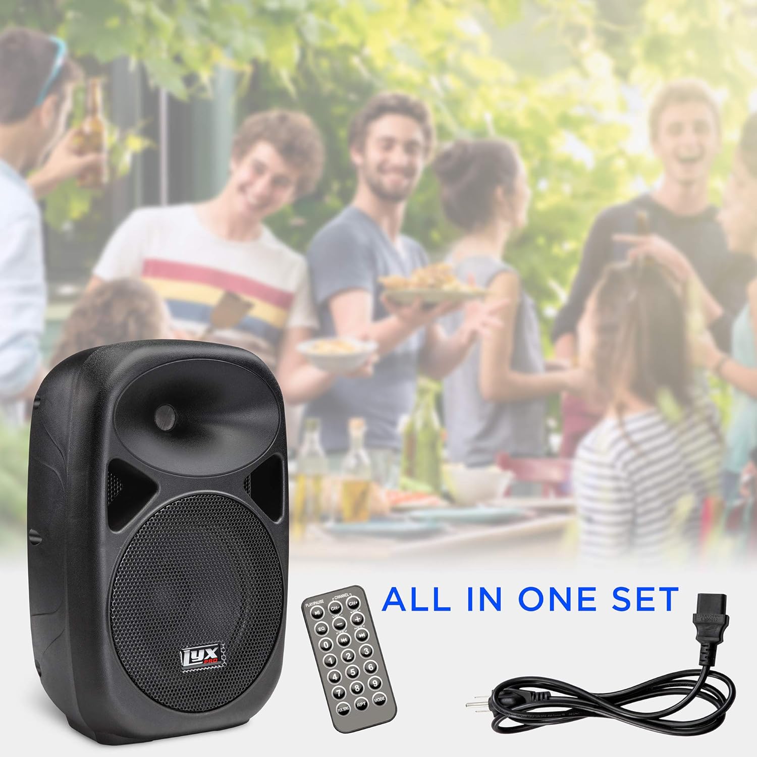 LyxPro SPA15 15 Portable PA Speaker System With Metal Tripod Stand Combo Kit Power Active Power Amplifier Equalizer Bluetooth SD Slot USB MP3 XLR 1/4 1/8 3.5mm Inputs Remote Control Carry Handles