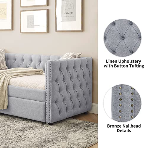 KIVENJAJA Twin Size Daybed with Trundle, Linen Fabric Upholstered Day Bed Frame Sofa Bed with Button Tufted & Nail Trimming for Living Room Guest Room (Twin, Beige)