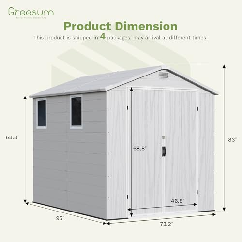 Greesum 6×8FT Plastic Outdoor Storage Shed with Floor, Resin Storaged Sheds with Lockable Double Door, Windows & Vents, All-Weather Tool Sheds for Garden, Backyard, Patio, Light Gray