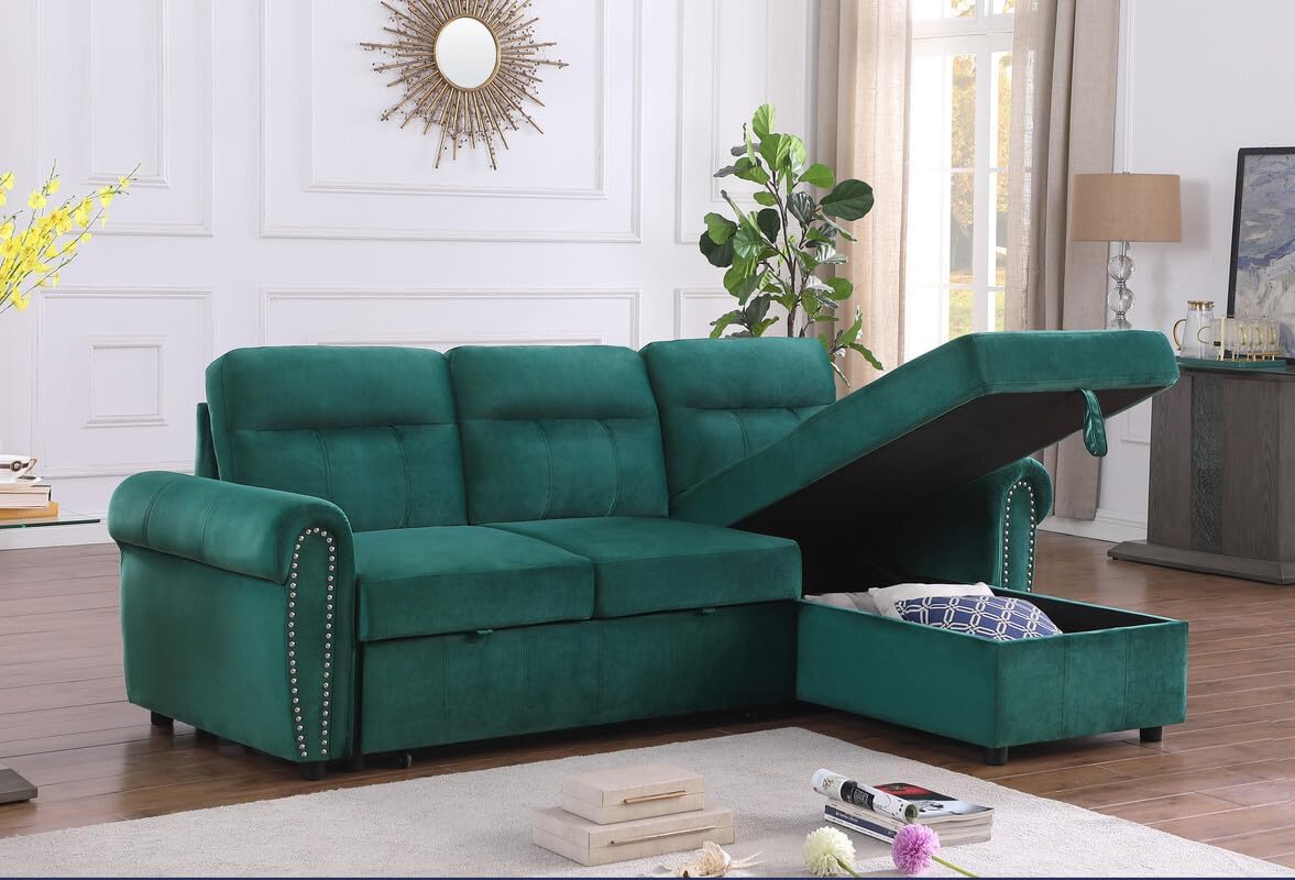96Inch Convertible L Shaped Sleeper Sectional Sofa Velvet with Storage Chaise, Pull Out Bed,Reversible Corner Couch Design, Green