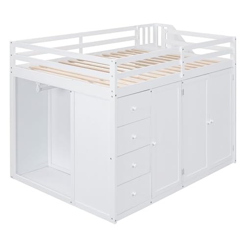 Full Size Loft Bed with Stairs and Wardrobe, Wood Loft Bed Frame with Storage Cabinet, Open Closet and Drawers, Adults Loft Beds with Hanging Rod & Shelves for Kids, Teen, Gray