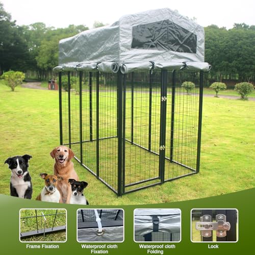 Outdoor Dog Kennel with roof, Large Dog Run Enclosure,Heavy Duty and Higher Outside Dog House with Anti-Rust Sidebar, Waterproof UV-Resistant Cover and Secure Lock (90" L x 90" W x 73" H)