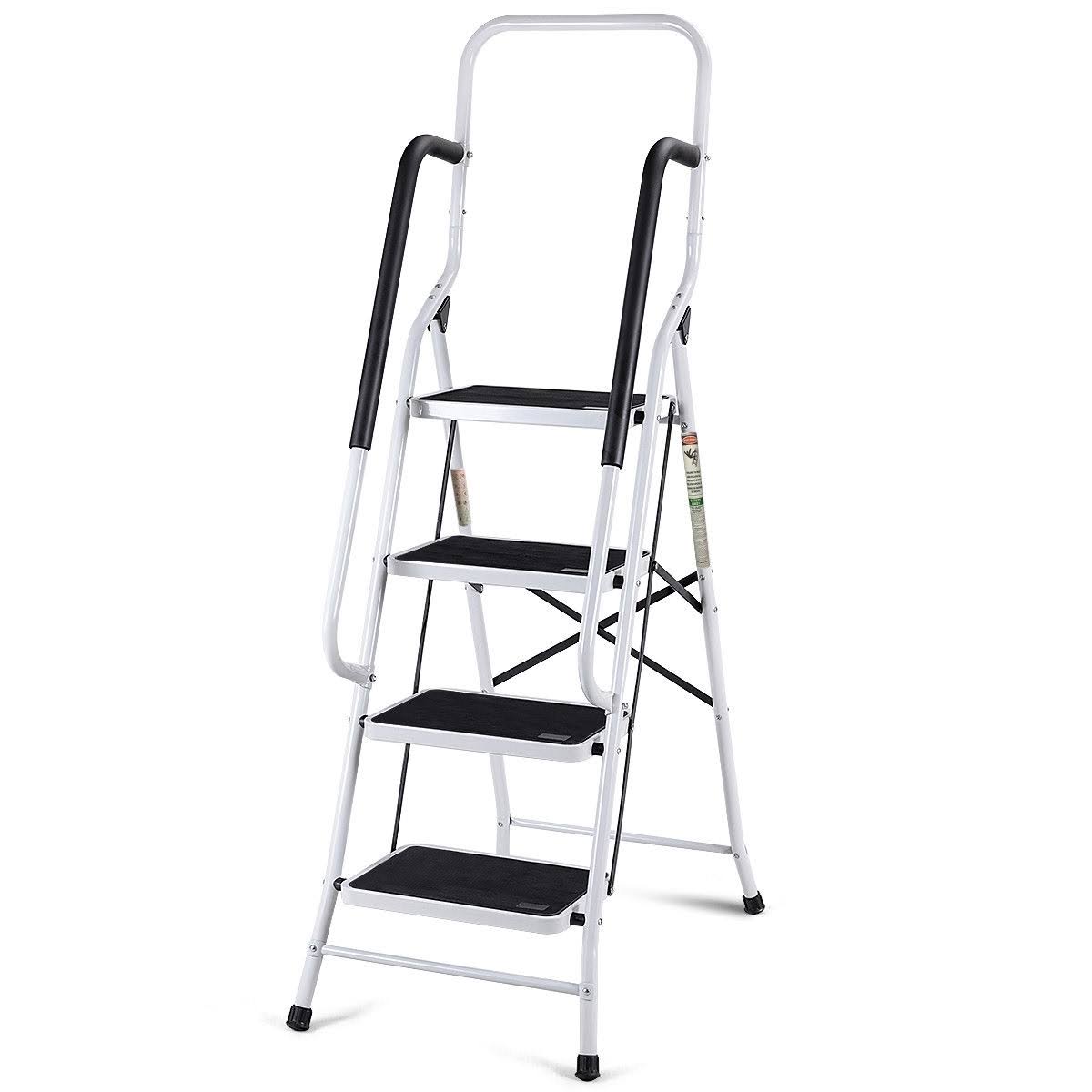 2-in-1 Non-Slip 4 Step Folding Stool Ladder with Handrails