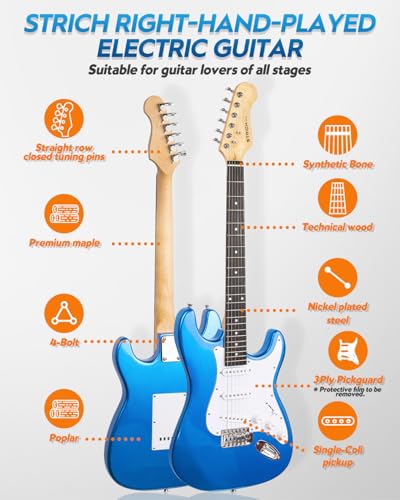 STRICH Electric Guitar Beginner Kit, Solid Body 39" Full Size Electric Guitar HSS Pick Up for Starter, with 10W Amp, Bag, Digital Tuner, Capo, Strap, String,Cable, Picks, SST-S20 Sunburst