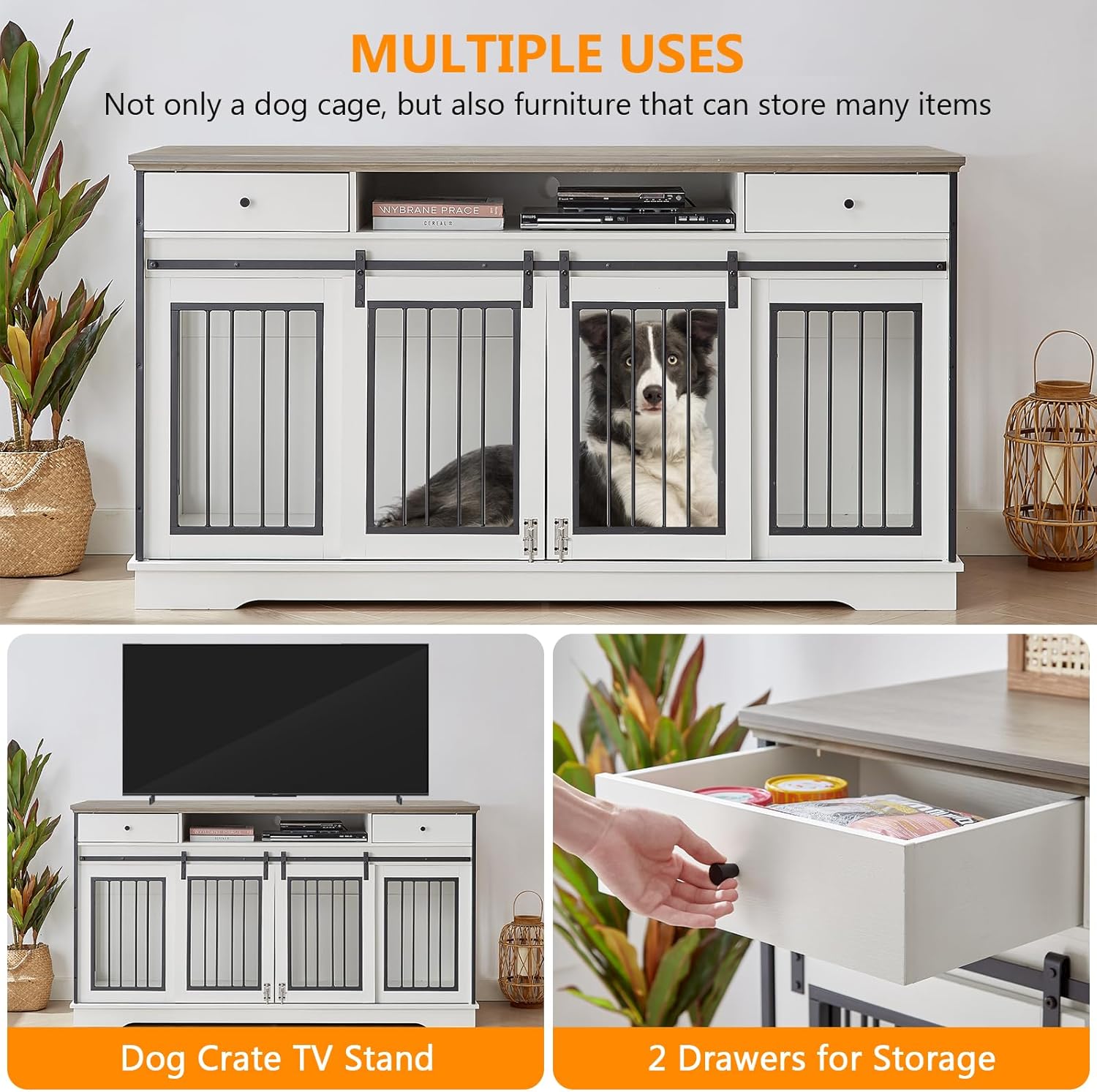 3-in-1 66.1 Inch Double Dog Crate Furniture for 2 Large Dogs, White Durable Double Dog Kennel TV Stand with Divider and 2 Drawers