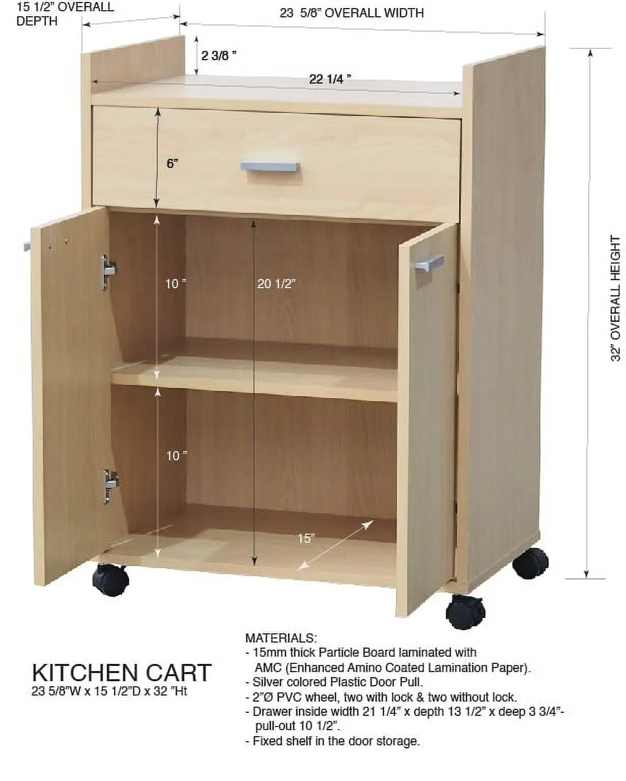 Kings Brand Furniture - Kitchen Microwave Cart, Accent Storage Cabinet with 1 Drawer and 2 Doors, Beech