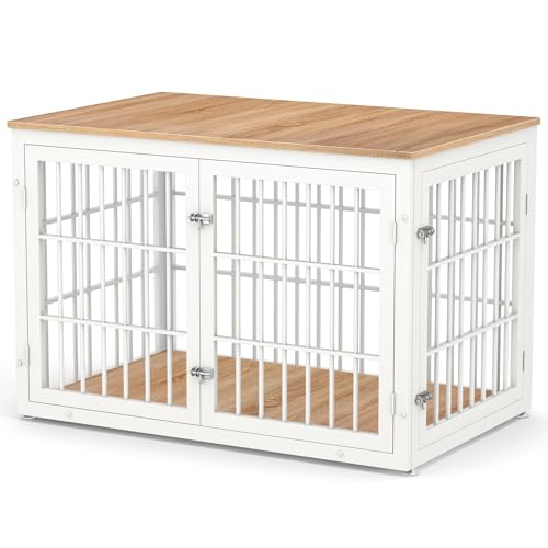 48 Inch Heavy Duty Dog Crate Furniture for Large Dogs, Decorative Pet House End Table, Extra Large Wooden Cage Kennel Furniture Indoor, Natural and White