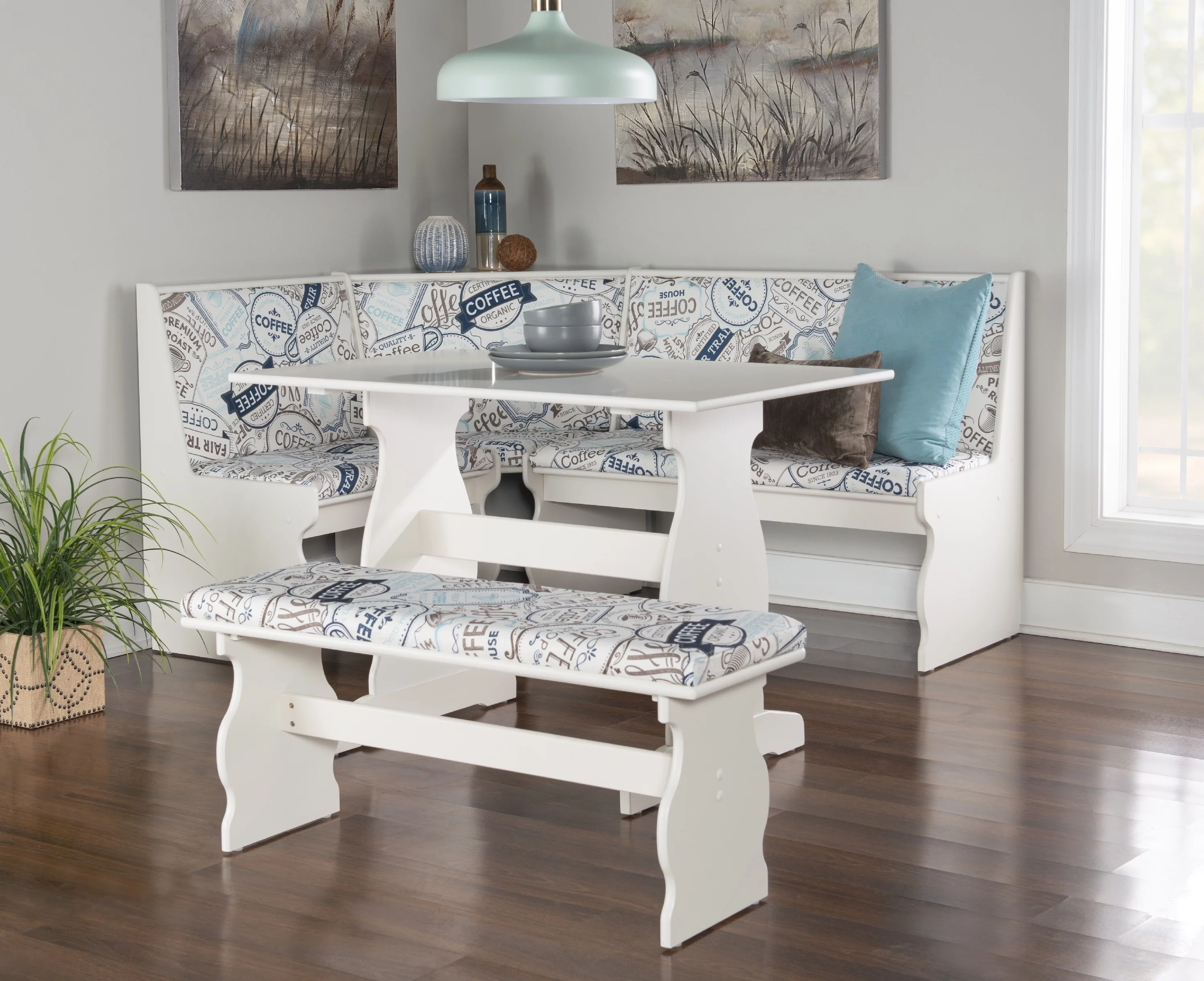 Linon Sasha Casual Dining Breakfast Nook with Corner Unit, Table, and Bench, 29.4" Table Height, Seats 5, White Finish with Coffee Patterned Fabric