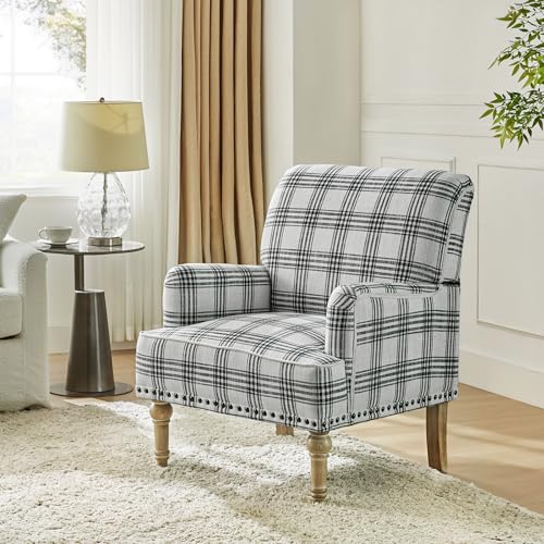 HULALA HOME Modern Accent Chair with Retro Wooden Legs & Nailhead Trim, Comfy Upholstered Armchair Single Sofa for Living Room Bedroom (Plaid, Grey)