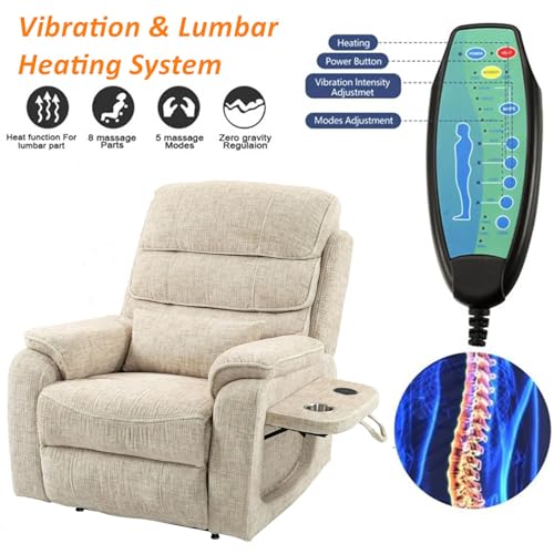 Light Grey Recliner Chair for Elderly | Tall and Big Man 400lbs | Chenille | Power Lift, Lay Flat, Stand Up, Wireless Charging Device, Extended Footrest, Massage Heat, Cup Holder, Lumbar Pillow