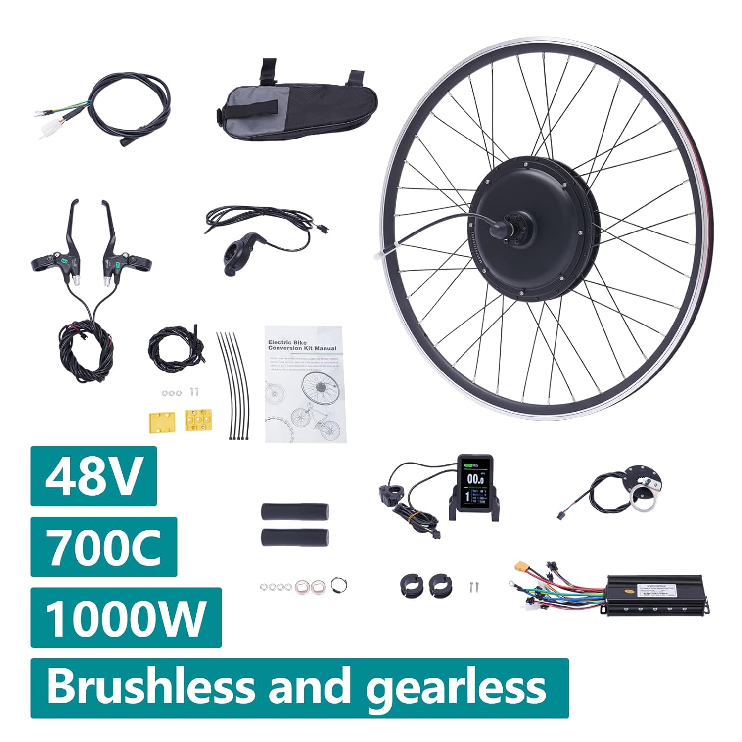 48V 1000W Electric Bicycle Motor Kit Brushless Front Hub Motor Conversion Kits DIY Ebike 700C 45-55km/h Motor Bike Kit with Display for Sports Outdoors