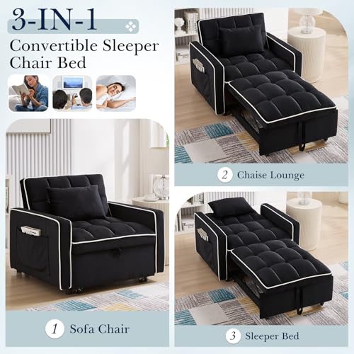 Sleeper Chair, 3 in 1 Convertible Chair Bed,Velvet Tufted Upholstered Single Pullout Sofa Chair Bed with Adjustable Backrest&Side Pockets,Recliner Lounger Bed for Living Room/Office/Small Space(Beige)