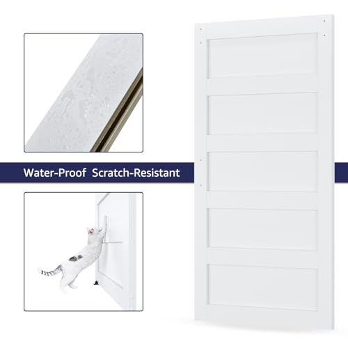 34in x 84in Sliding Barn Door with 6ft Barn Door Hardware Kit & Handle, Pre-Drilled Holes Easy Assembly -Solid Barn Door Slab Covered with Water-Proof PVC Surface, White, 5 Panel