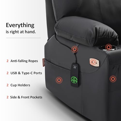 MCombo Power Lift Recliner Chair for Elderly, Lift Chair with Heat and Massage, FSC Certified, USB Ports, Cup Holders, Faux Leather 7040 (Black, Medium)