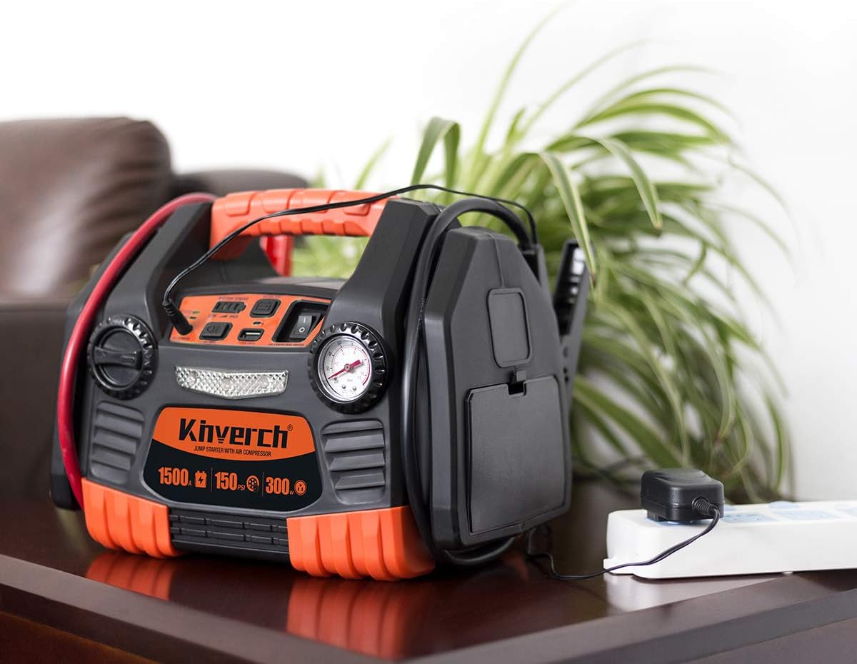 Kinverch Portable Car Jump Starter 1000 Peak Amp 12-Volt with 1-USB 1-12V Power Ports & 150 PSI Air Compressor