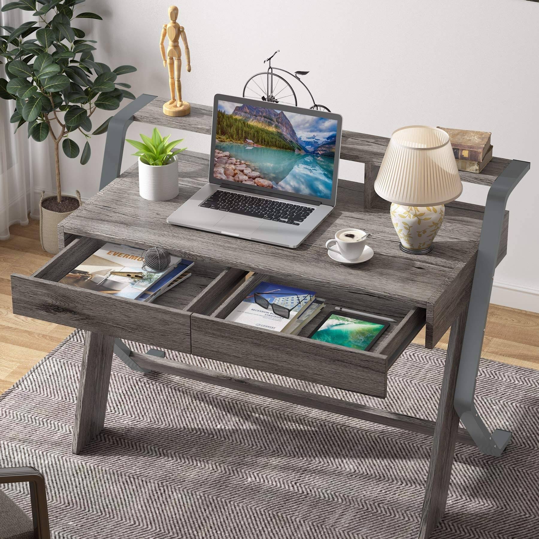 Tribesigns 47'' Computer Desk with 2 Storage Drawers and Monitor Stand - Oak Gray - Wood Finish