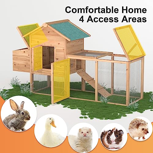 Outdoor Chicken Coop for 2-4 Chickens Wooden Hen House Poultry Pet Hutch Run Cage w/Waterproof Asphalt Roof, Ramp, Nesting Box, Wire Fence (80")