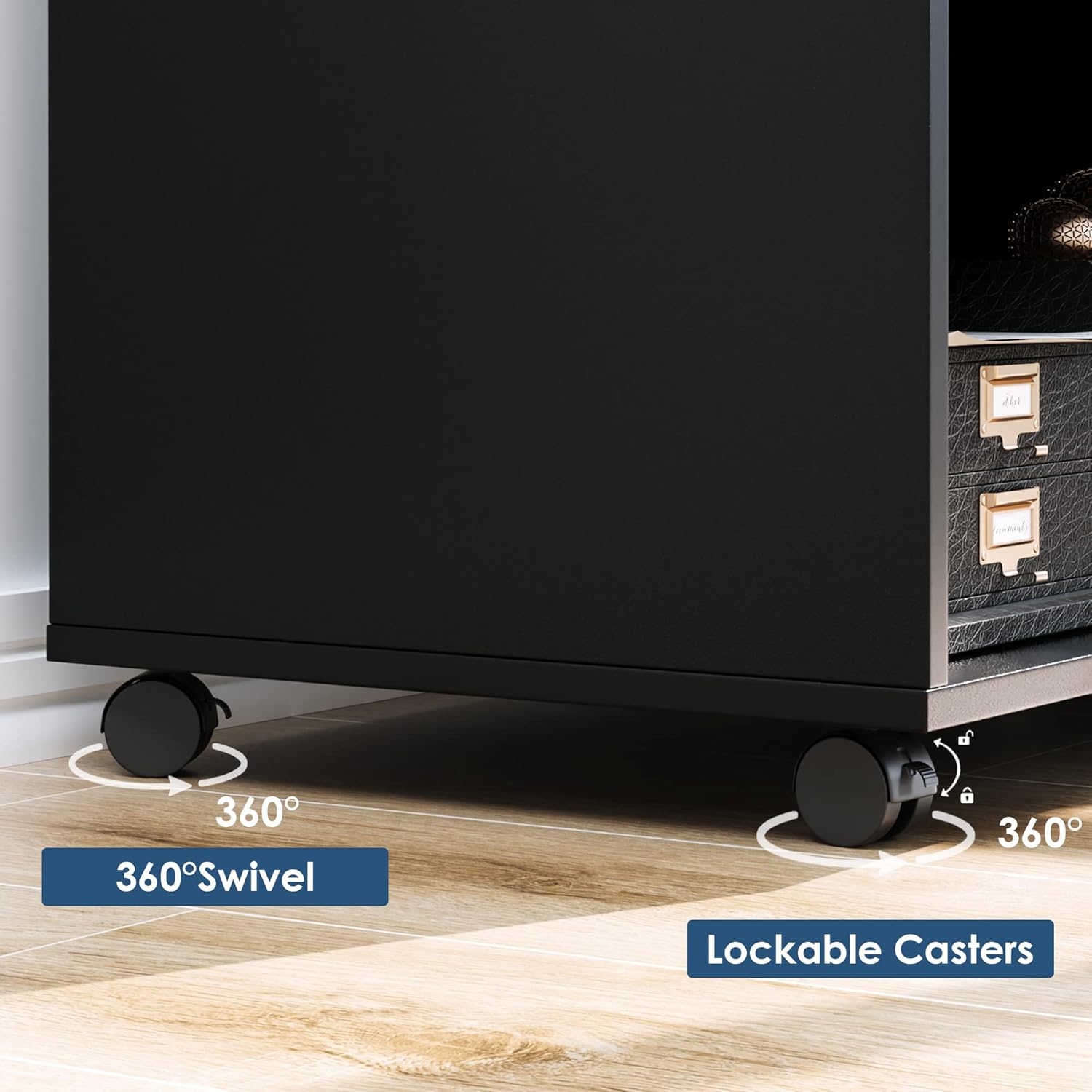 Lateral File Cabinet with Drawers and Lock, Wood Filing Cabinet, Rolling Printer Stand with Shelves for Home Office, Black