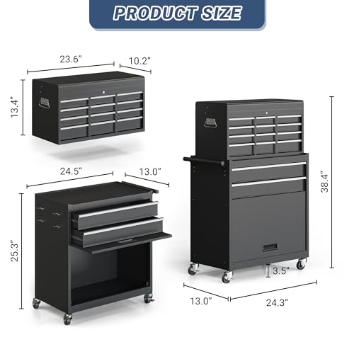 Tool Chest,5-Drawer Rolling Tool Storage Cabinet with Enhanced Packaging, Detachable Top Tool Box, Metal Tool Cart for Garage Workshop,Black, ATC001BK