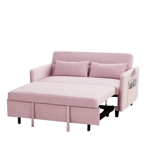 Sleeper Pullout Bed 3-in-1 Includes Two Pillows 54" Velvet Couch Sofa Reclining Backrest, Storage Pockets – Modern with Small Space for Living Room, Pink