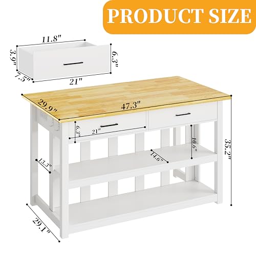 47.3" Solid Rubberwood Kitchen Island with Power Outlets - Extra Large Work Surface, 2 Drawers & Open Shelves Storage Cabinet for Kitchen Dining Room, Farmhouse Style (Grey)
