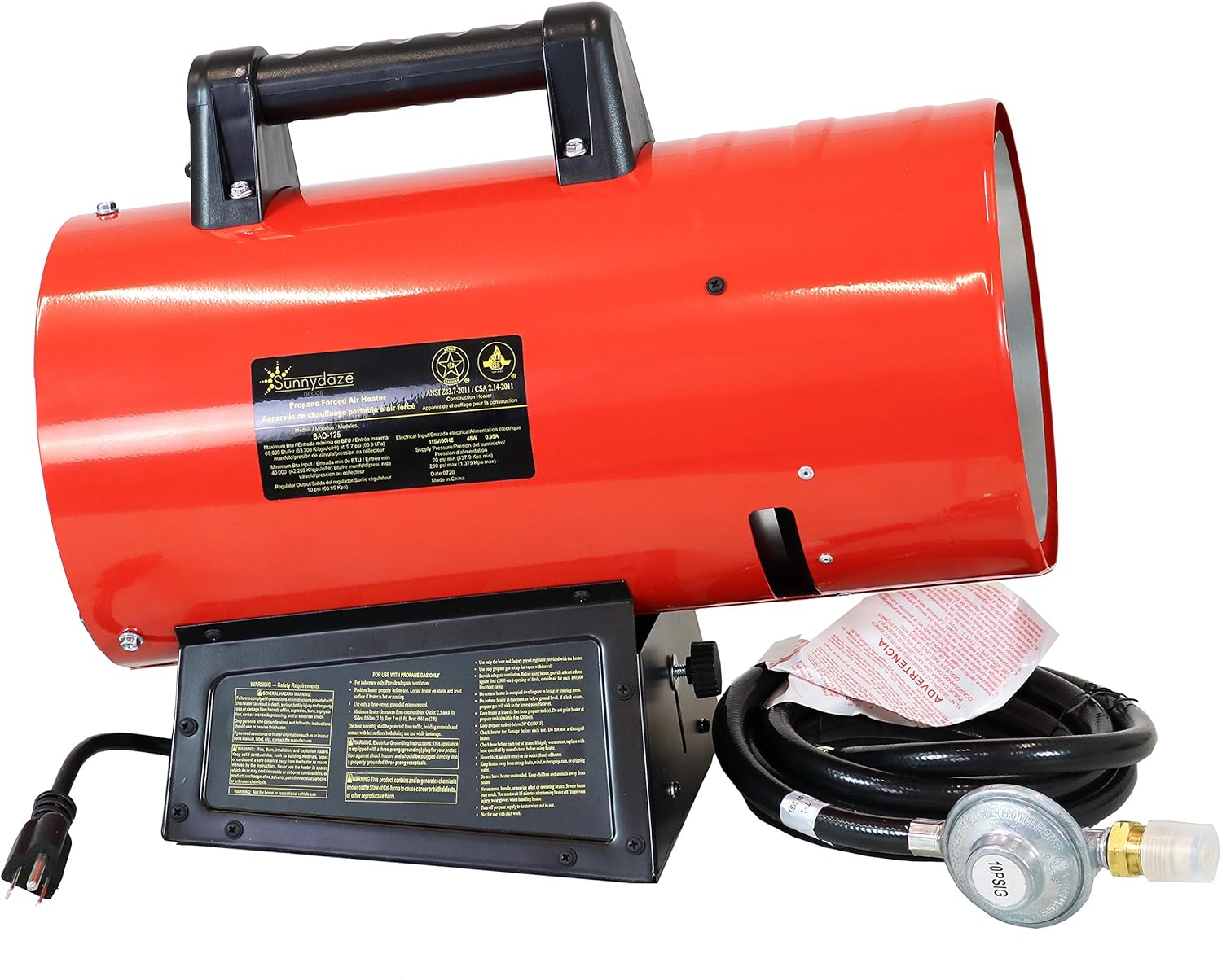 Sunnydaze 60,000 BTU Forced Air Propane Heater - Portable Heat for Construction Sites - Auto-Shutoff for Overheating Protection - Adjustable Heating Output - Piezo Ignition - Red and Black