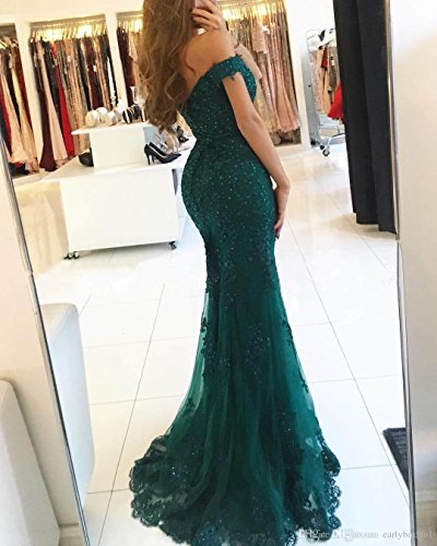 SDRESS Crystals Lace Appliques Cap Sleeve Off Shoulder Mermaid Prom Party Dress