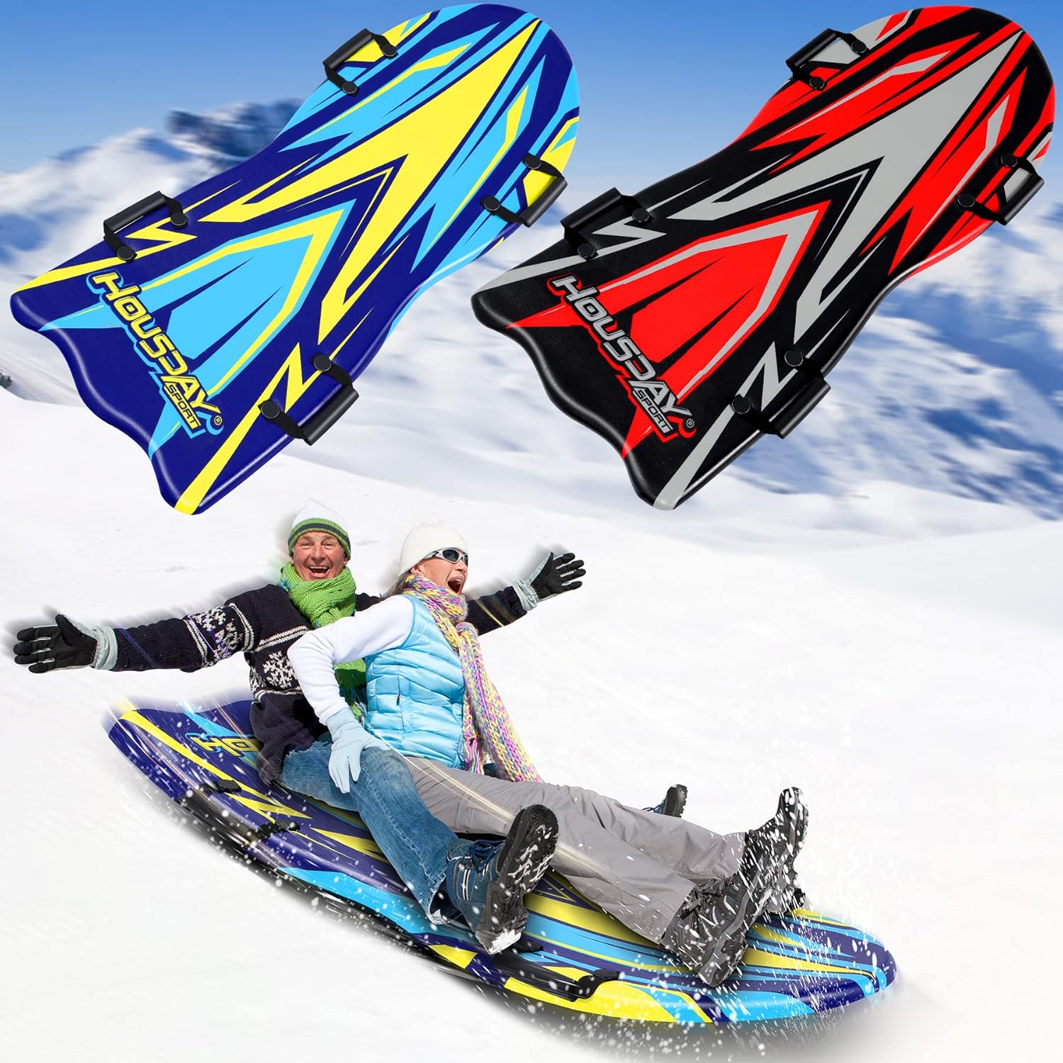 50" Snow Sled, 2 Pack Large Snow Sleds for Kids and Adult, Durable Foam Sled with Slick Bottom Jet Sled Fast Toboggan Sled Molded 4 Handles Snow Toys Saucer Sled for 2-3 Riders Winter Sledding