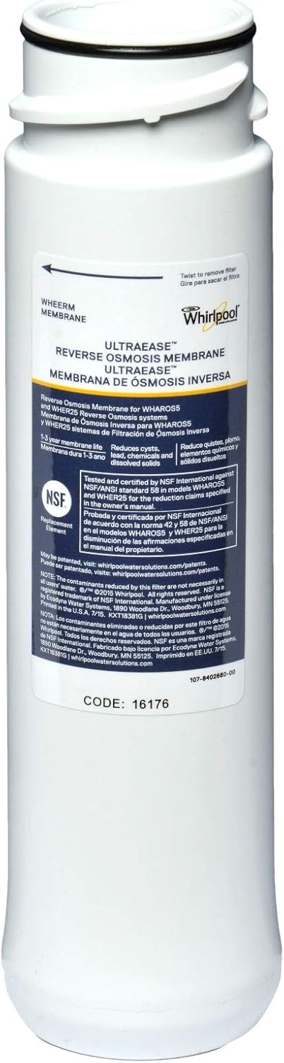 Whirlpool WHAROS5 Reverse Osmosis Water Filtration System, 14" deep x 13" Wide x 15 inches Tall, Blue & WHEERM Replacement Membrane, Single Unit, White