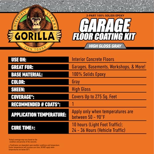 Gorilla Epoxy Garage Floor Coating (7 pc) Kit, 1-Car, Concrete Flooring, 100% Solids, Superior Adhesion, Incredibly Durable High Gloss Gray Finish, 275 sq. ft. Coverage