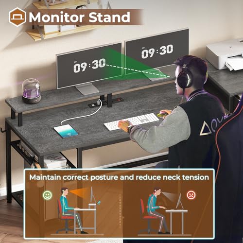 SEDETA 59" Office Desk with Drawers, Reversible Computer Desk with File Drawers & Storage, Gaming Desk with LED Lights & Power Outlet, Home Office Desks for Printer, Black
