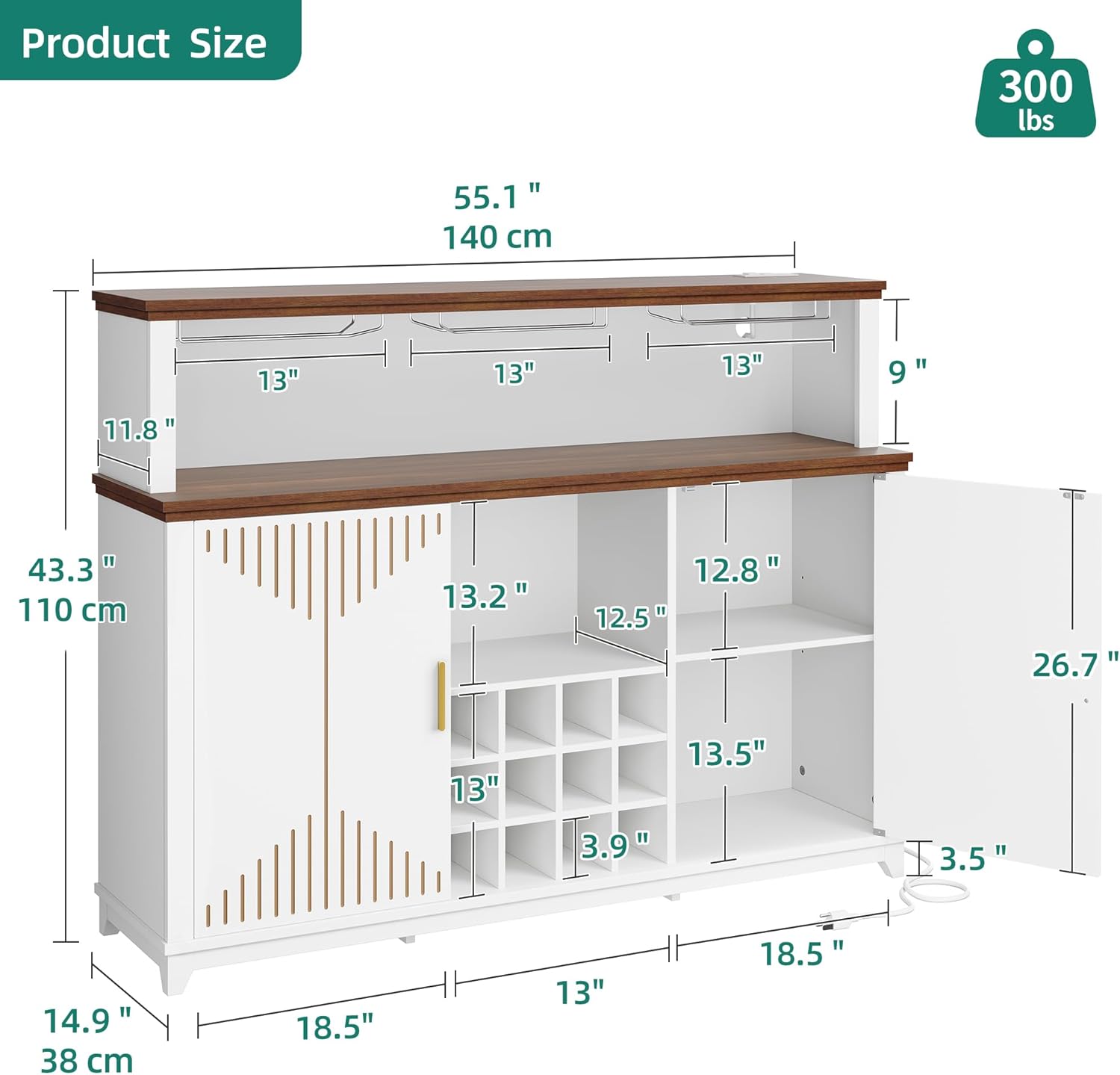 YITAHOME Coffee Bar Cabinet with Storage, 55" Wine Bar Cabinet w/LED Lights & Power Outlet, Kitchen Buffet Cabinet with Door Wine and Glass Rack, Bar Cabinets w/Storage Shelves for Dining Room, White