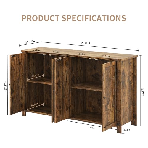 Buffet Cabinet with Storage Farmhouse Buffet Sideboard with 4 Doors, 55'' Large Kitchen Storage Cabinet Wood Coffee Bar Buffet Table for Kitchen, Dining Room, Entryway